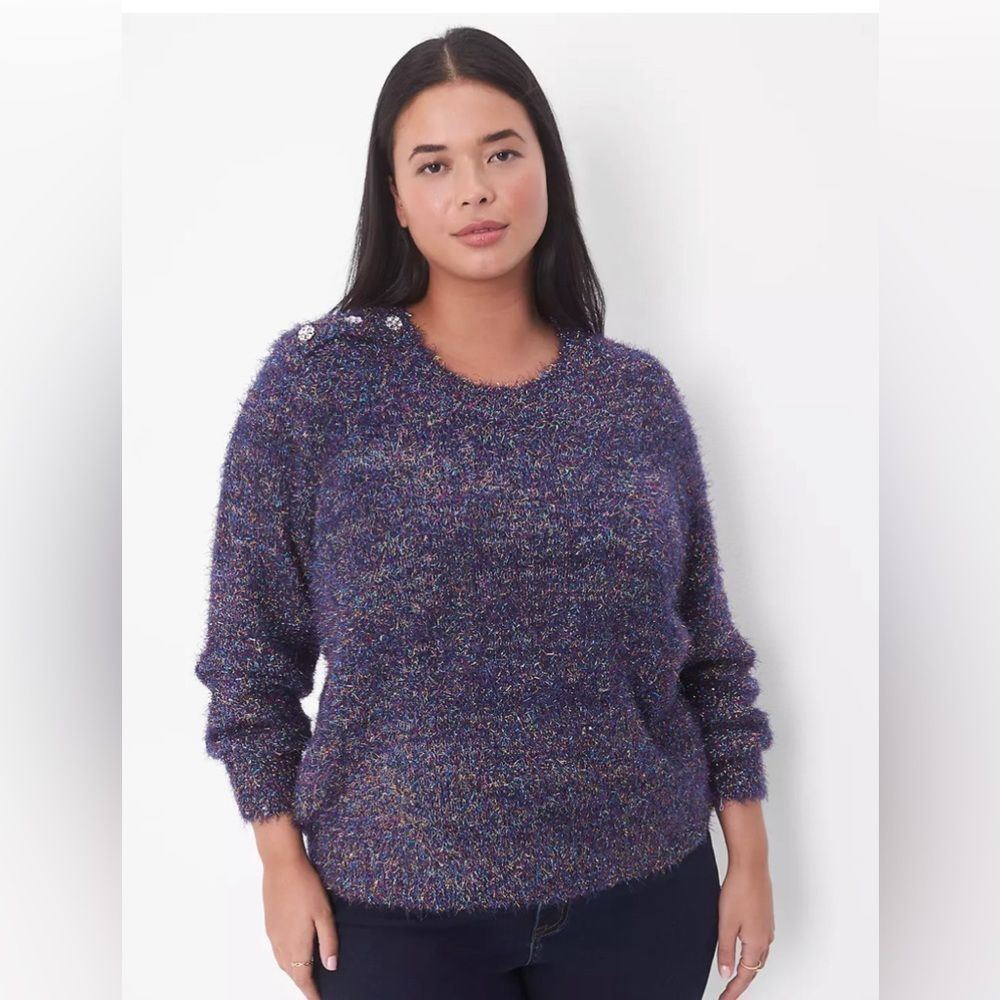 HOLIDAY CREW-NECK Eyelash Tinsel Sweater Navy knit w/Sparkles & Twinkle Sz 22/24 - Picture 3 of 6